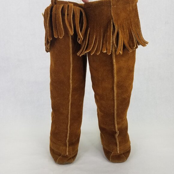 Minnetonka Knee High Boot Womens 7 Moccasins Fringe Front Lace Leather Brown USA - Picture 4 of 16